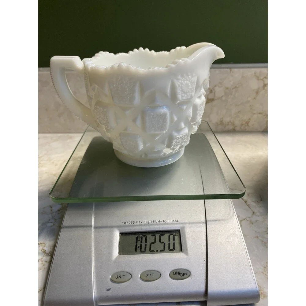 White Milk Glass Starburst Creamer & Pedestal Sugar Bowl Set 2‑Piece Vintage